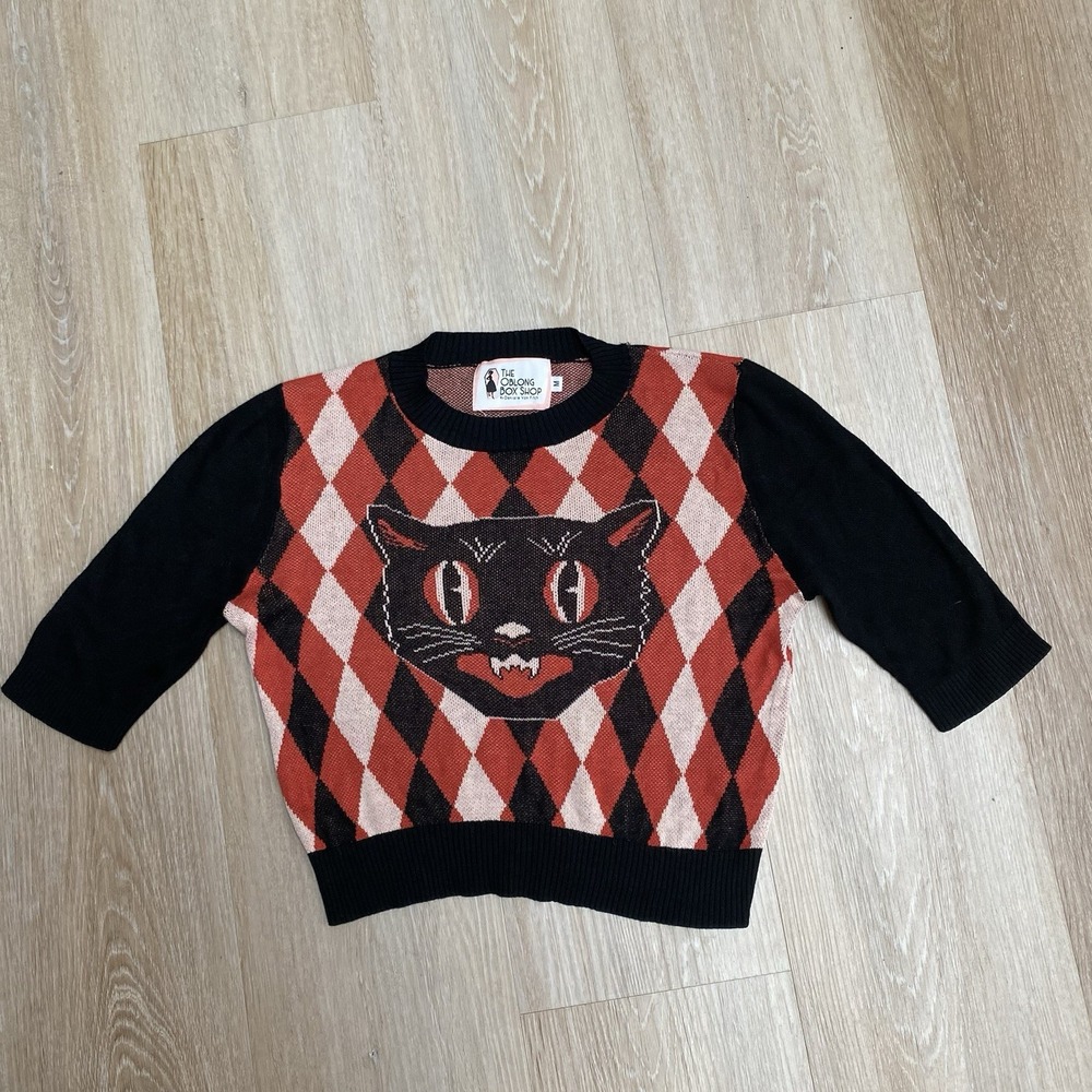 The Oblong Box Shop TOBS Novelty Black Cat Argyle SZ M Knit Sweater Short Sleeve